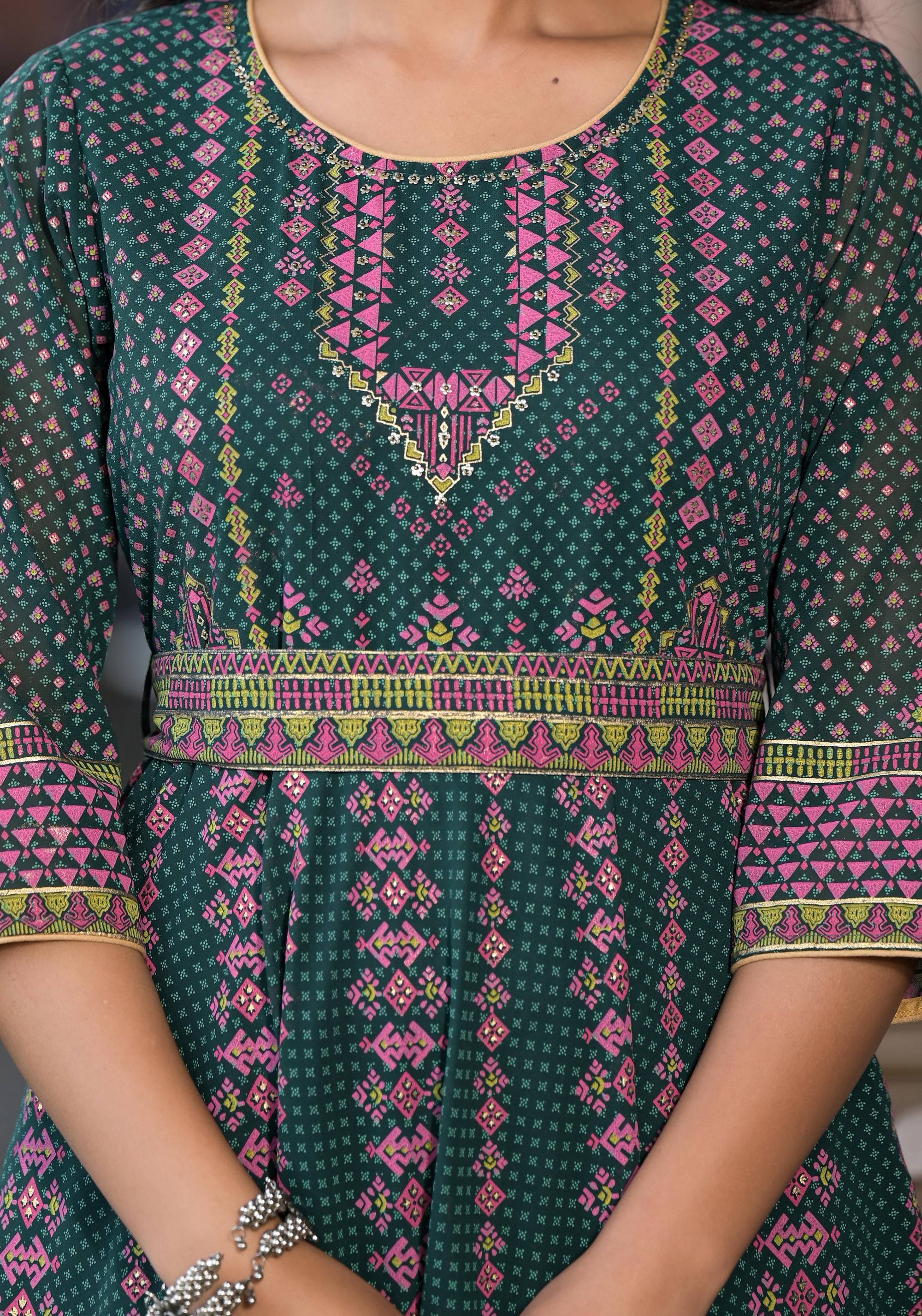 Juniper Green Ethnic Motif Printed Georgette Maxi Dress With Sequins Gota Patti | Grocsy
