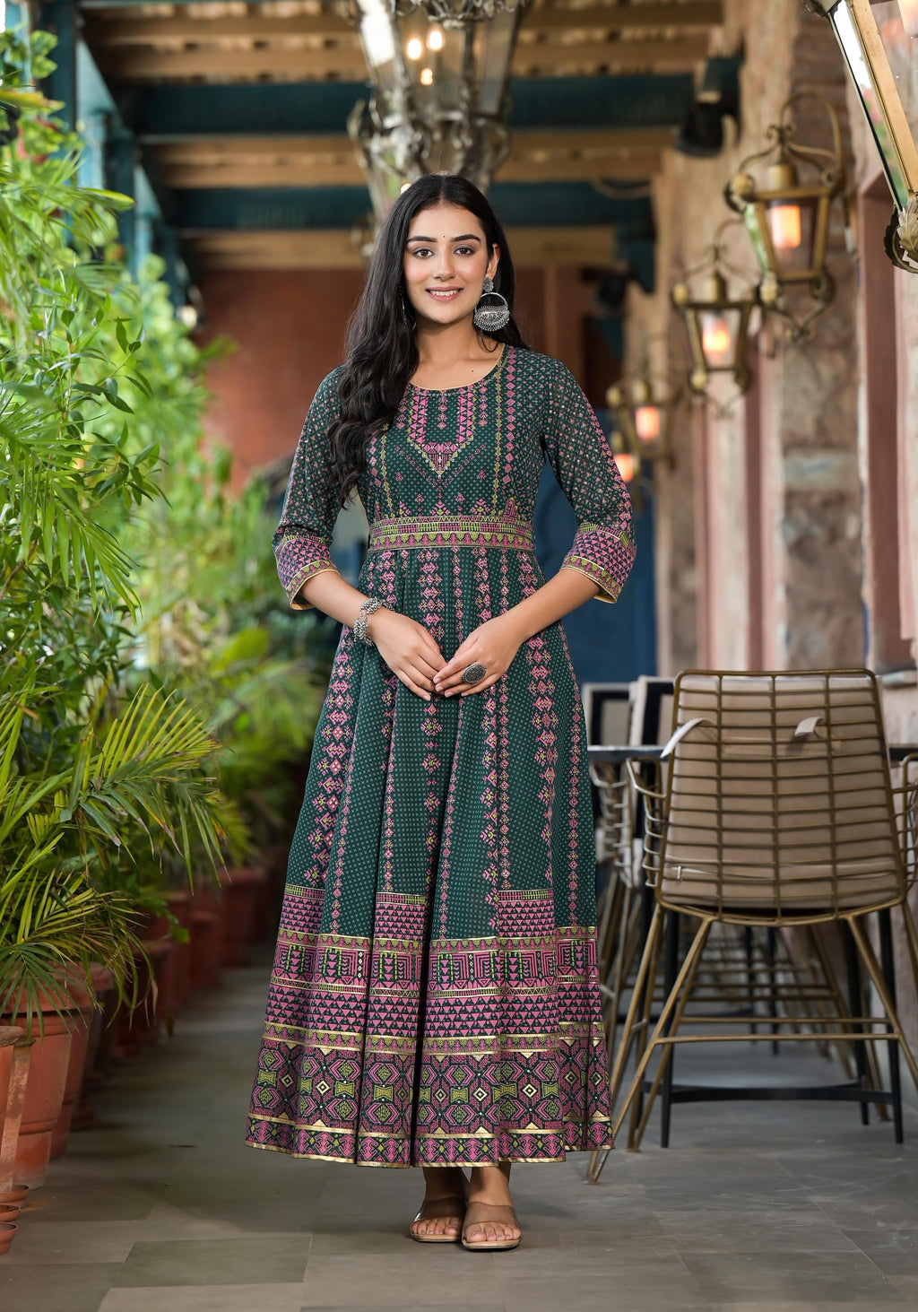 Juniper Green Ethnic Motif Printed Georgette Maxi Dress With Sequins Gota Patti | Grocsy