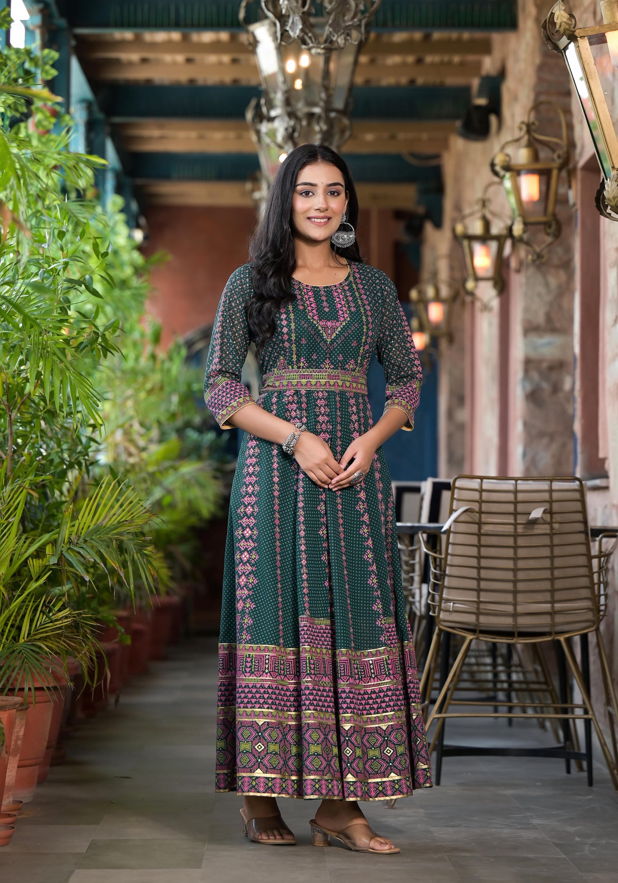 Juniper Green Ethnic Motif Printed Georgette Maxi Dress With Sequins Gota Patti | Grocsy