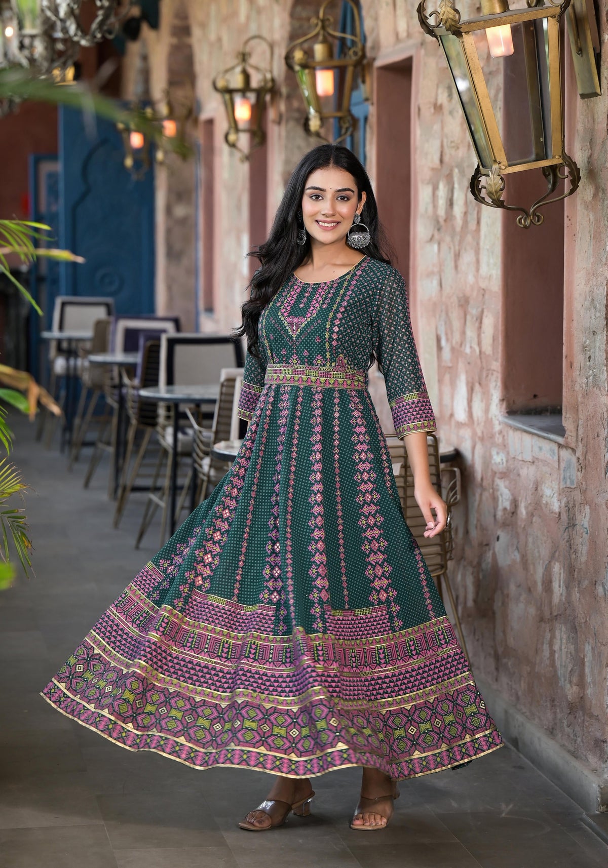 Juniper Green Ethnic Motif Printed Georgette Maxi Dress With Sequins Gota Patti | Grocsy