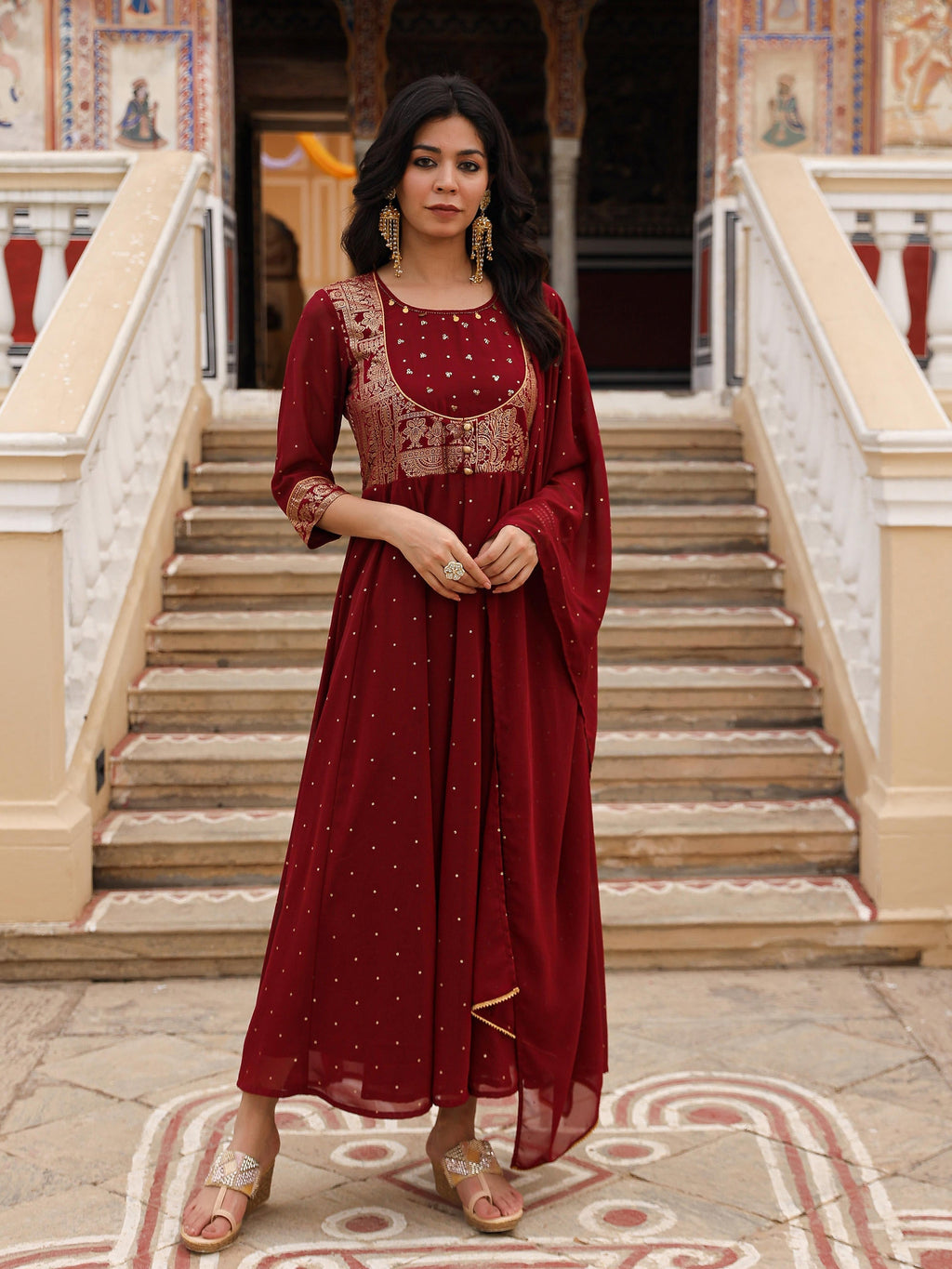 Juniper Maroon Ethnic Motif Printed Georgette Kurta & Dupatta Set With Coins & Lace | Grocsy