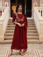 Juniper Maroon Ethnic Motif Printed Georgette Kurta & Dupatta Set With Coins & Lace | Grocsy