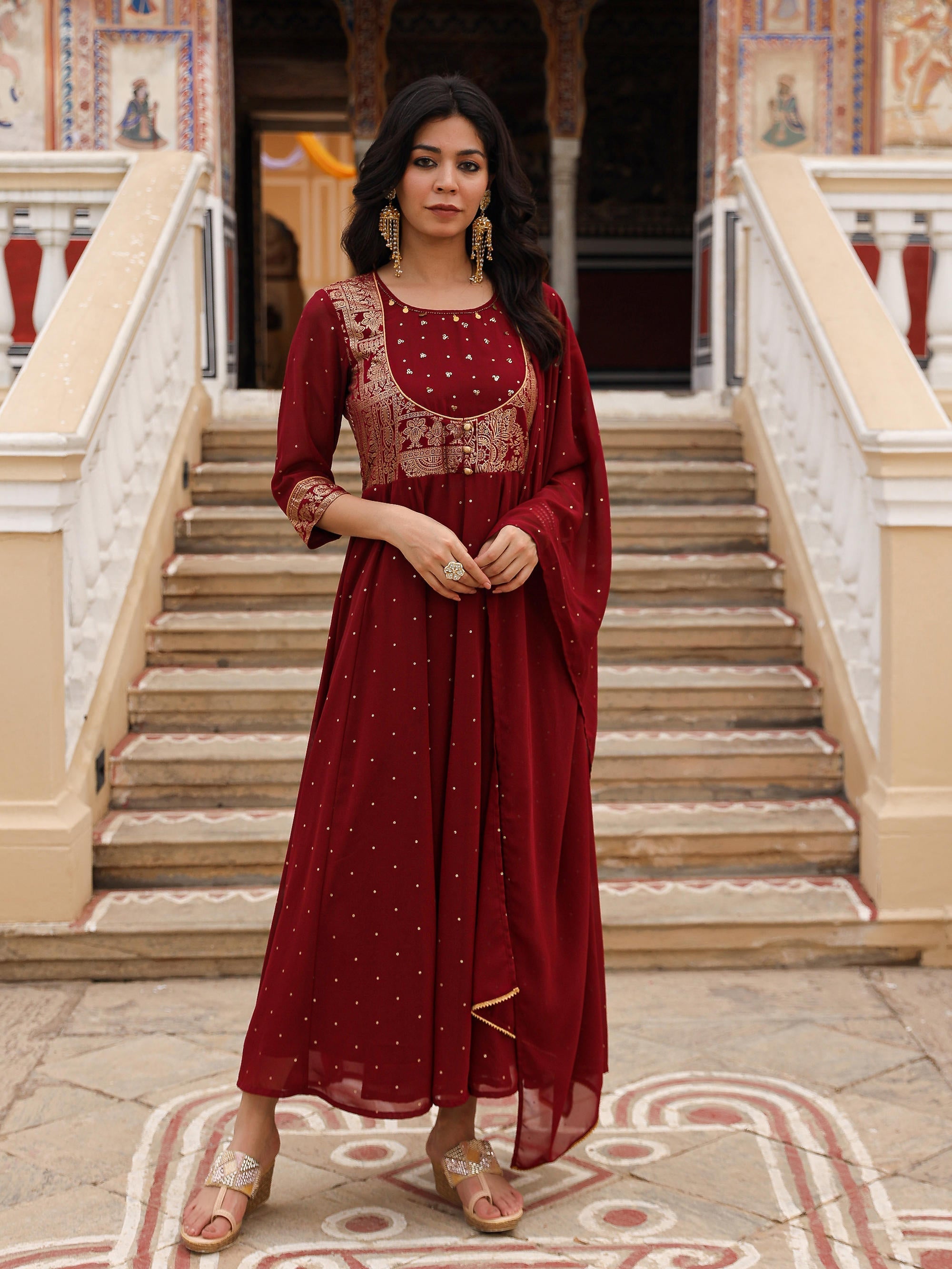 Juniper Maroon Ethnic Motif Printed Georgette Kurta & Dupatta Set With Coins & Lace | Grocsy