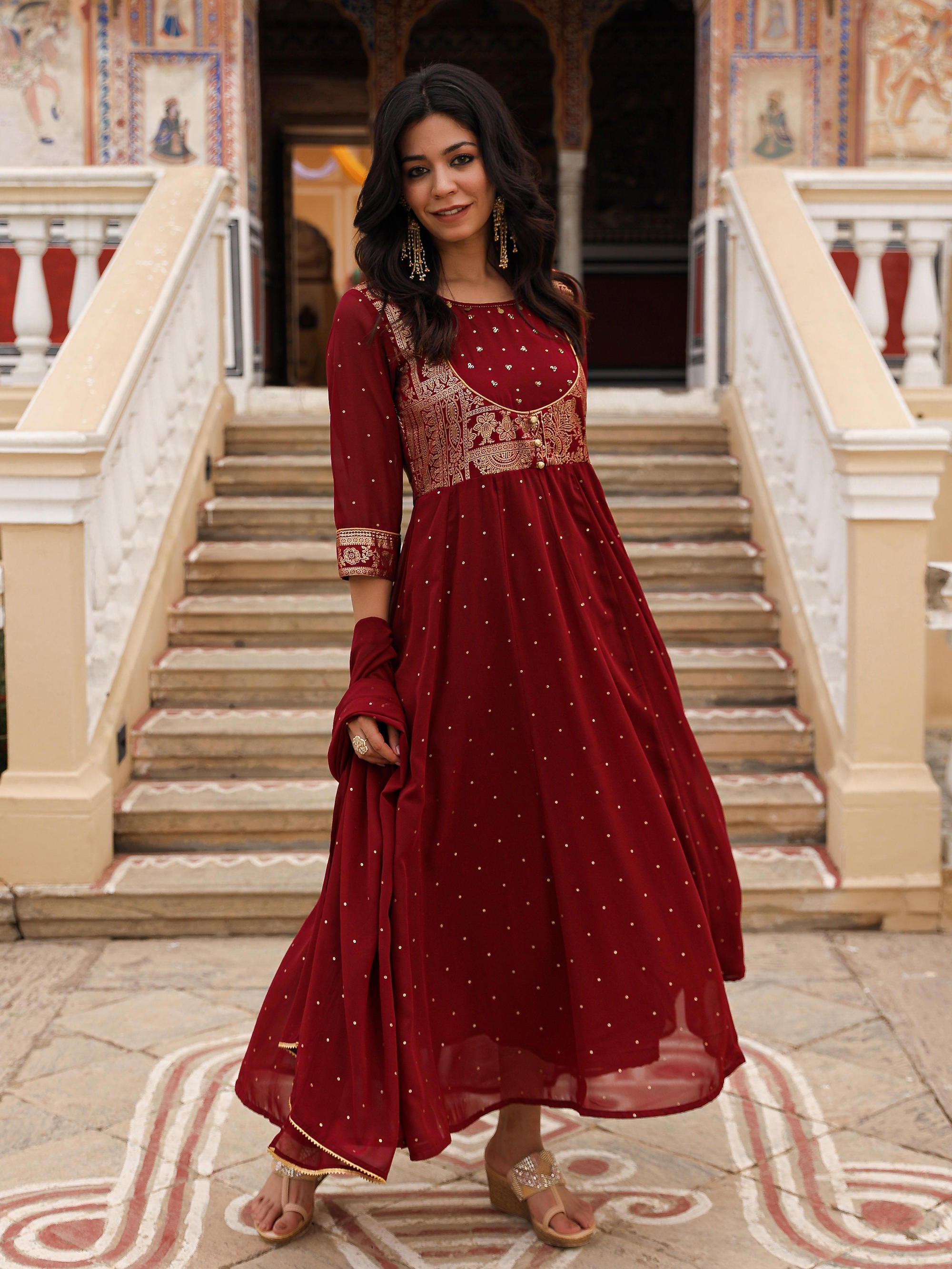 Juniper Maroon Ethnic Motif Printed Georgette Kurta & Dupatta Set With Coins & Lace | Grocsy