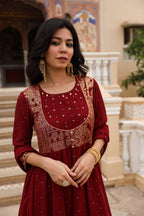Juniper Maroon Ethnic Motif Printed Georgette Kurta & Dupatta Set With Coins & Lace | Grocsy
