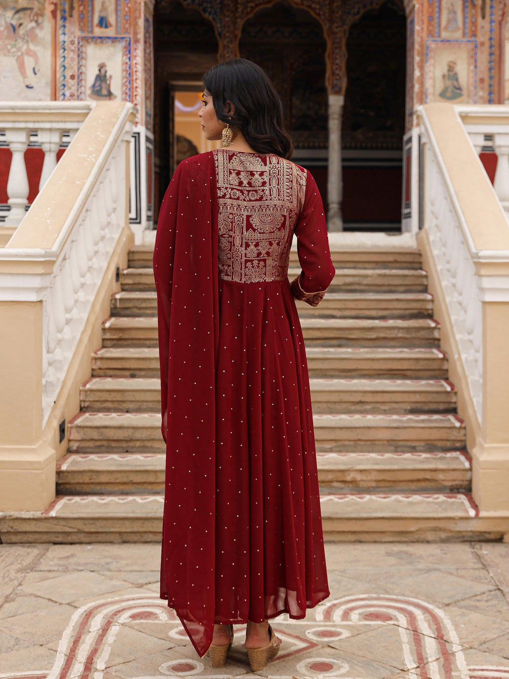 Juniper Maroon Ethnic Motif Printed Georgette Kurta & Dupatta Set With Coins & Lace | Grocsy