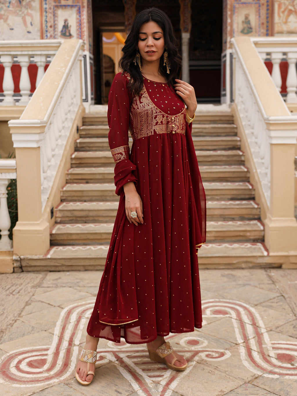 Juniper Maroon Ethnic Motif Printed Georgette Kurta & Dupatta Set With Coins & Lace | Grocsy