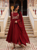 Juniper Maroon Ethnic Motif Printed Georgette Kurta & Dupatta Set With Coins & Lace | Grocsy