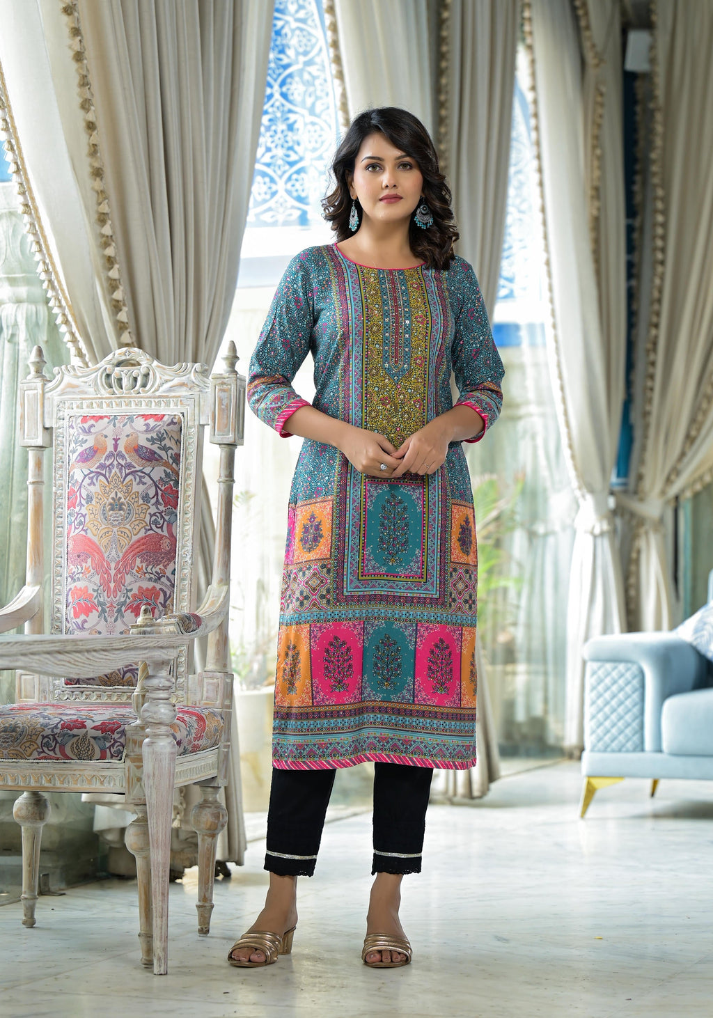 Juniper Blue Floral Printed Liva Rayon Kurta With Beads & Sequins Work | Grocsy