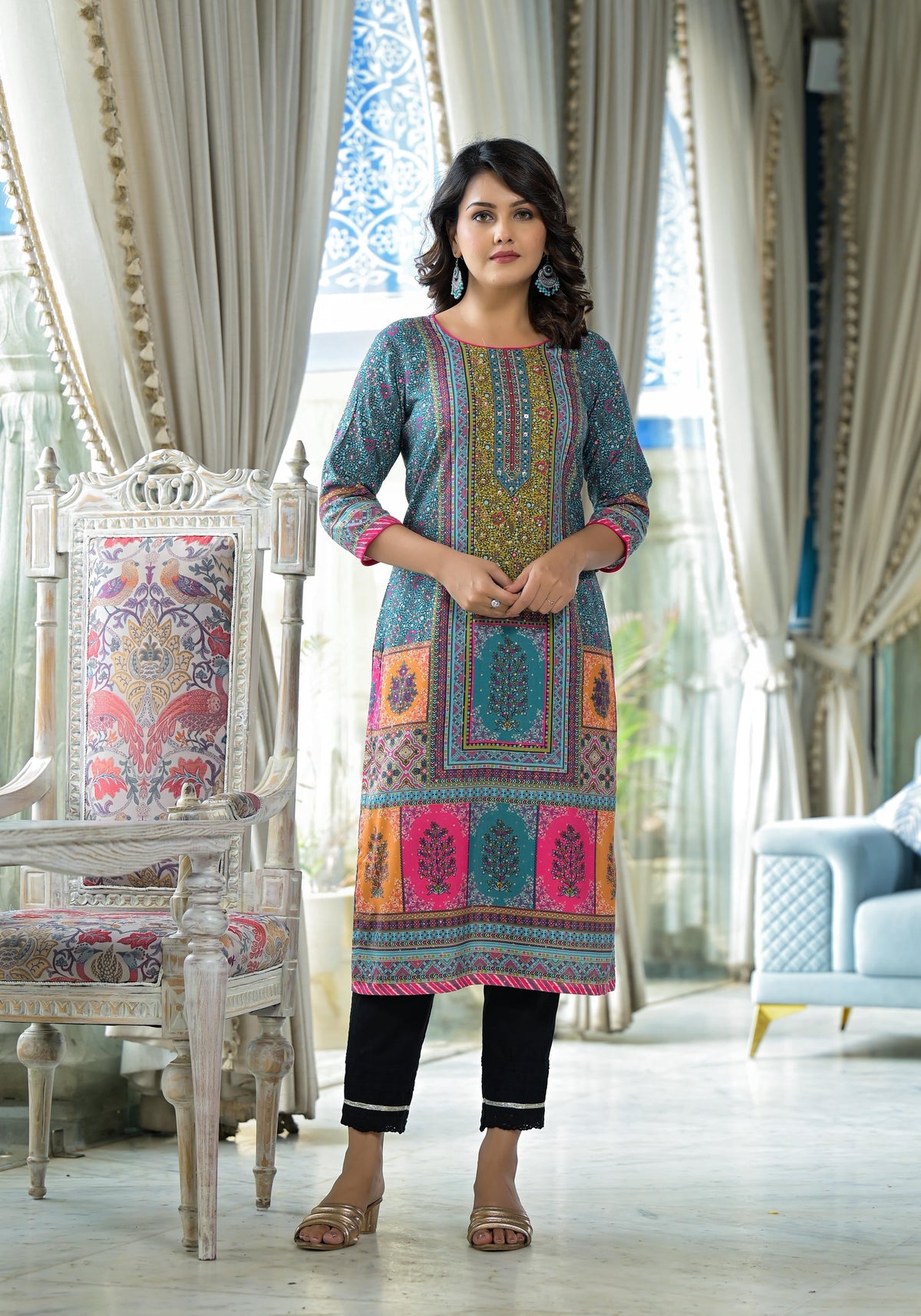 Juniper Blue Floral Printed Liva Rayon Kurta With Beads & Sequins Work | Grocsy