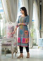 Juniper Blue Floral Printed Liva Rayon Kurta With Beads & Sequins Work | Grocsy