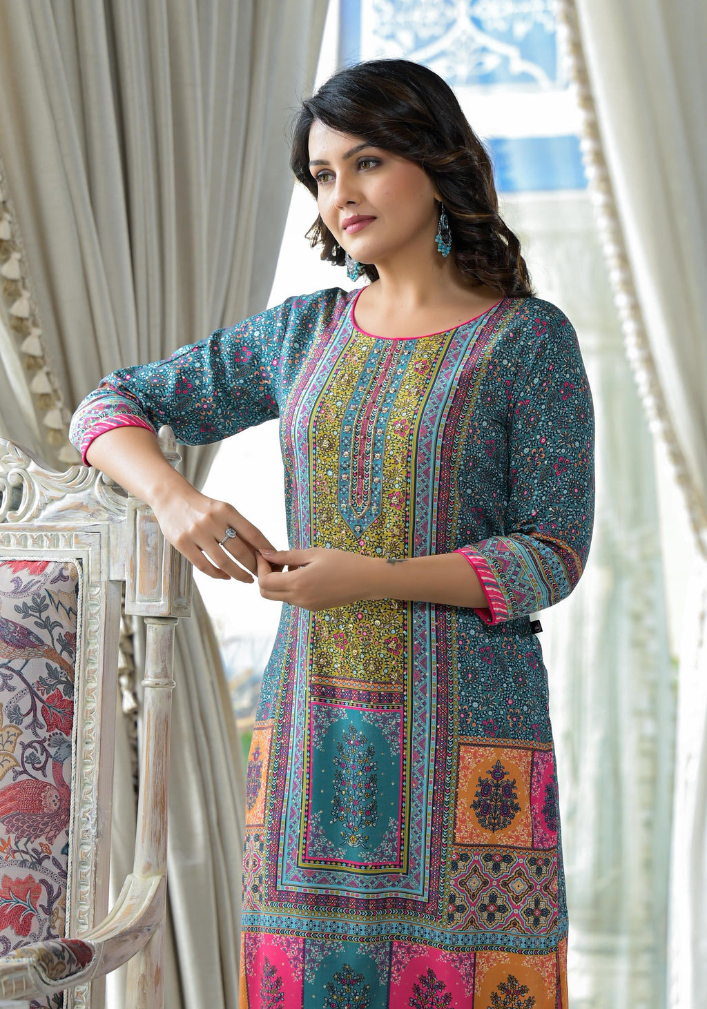 Juniper Blue Floral Printed Liva Rayon Kurta With Beads & Sequins Work | Grocsy