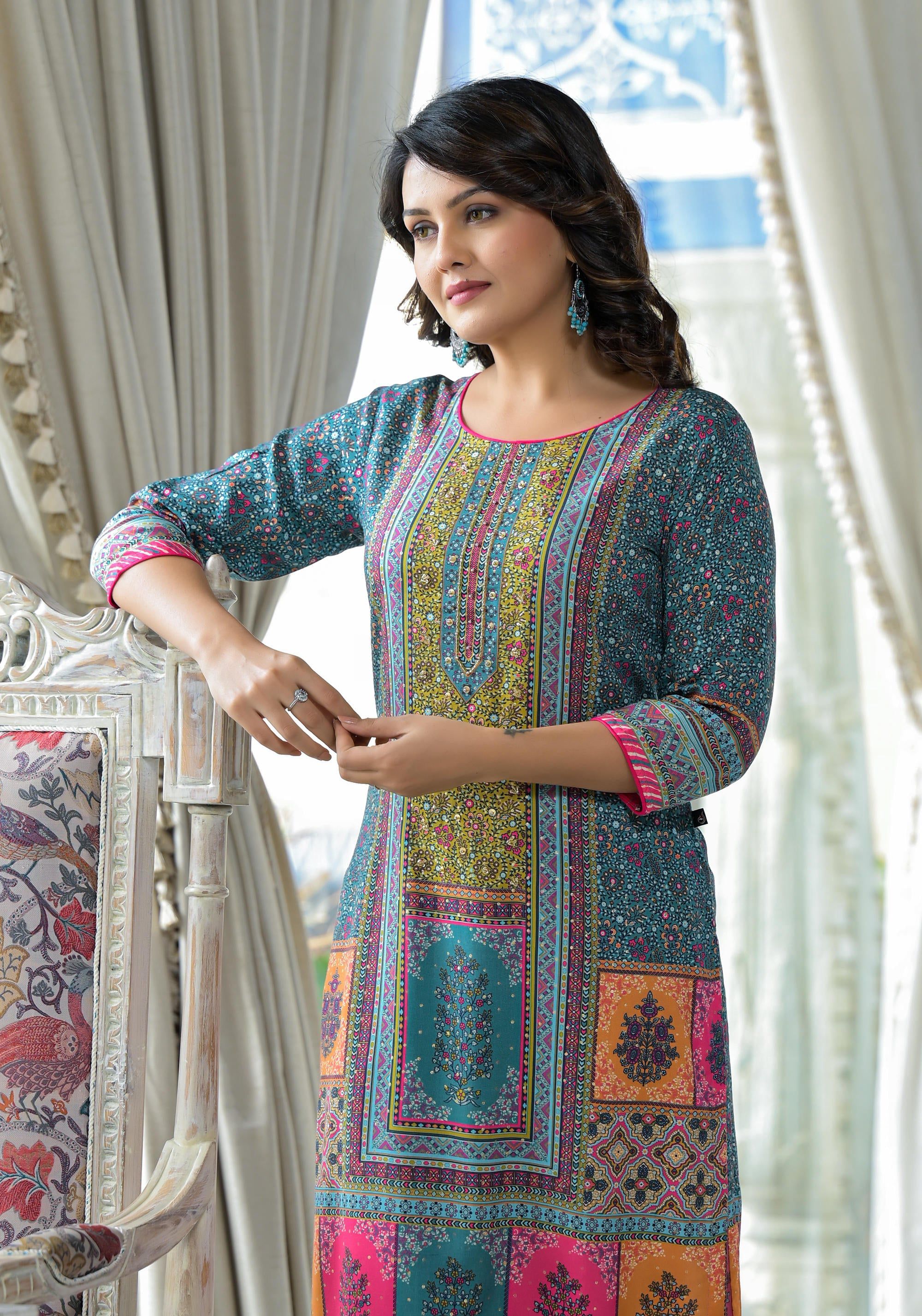 Juniper Blue Floral Printed Liva Rayon Kurta With Beads & Sequins Work | Grocsy