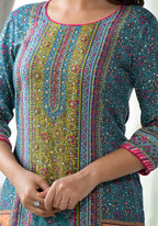 Juniper Blue Floral Printed Liva Rayon Kurta With Beads & Sequins Work | Grocsy