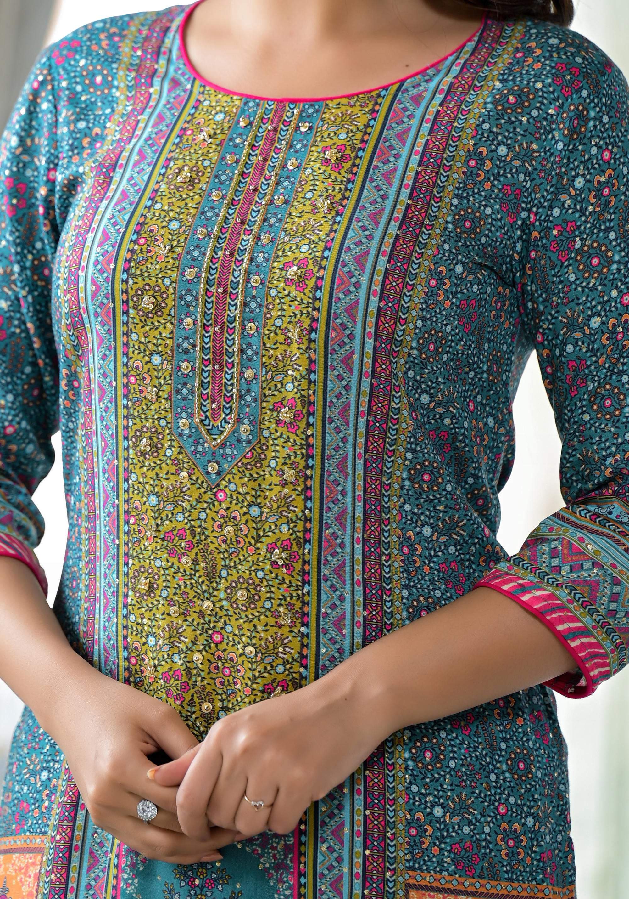 Juniper Blue Floral Printed Liva Rayon Kurta With Beads & Sequins Work | Grocsy