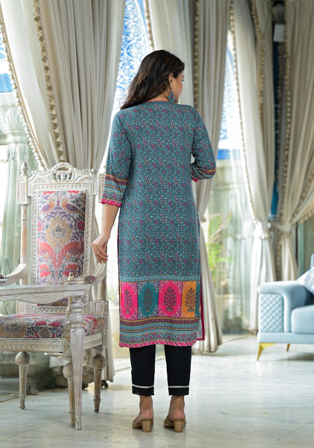 Juniper Blue Floral Printed Liva Rayon Kurta With Beads & Sequins Work | Grocsy