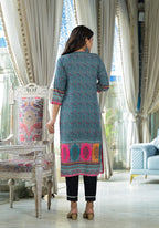 Juniper Blue Floral Printed Liva Rayon Kurta With Beads & Sequins Work | Grocsy