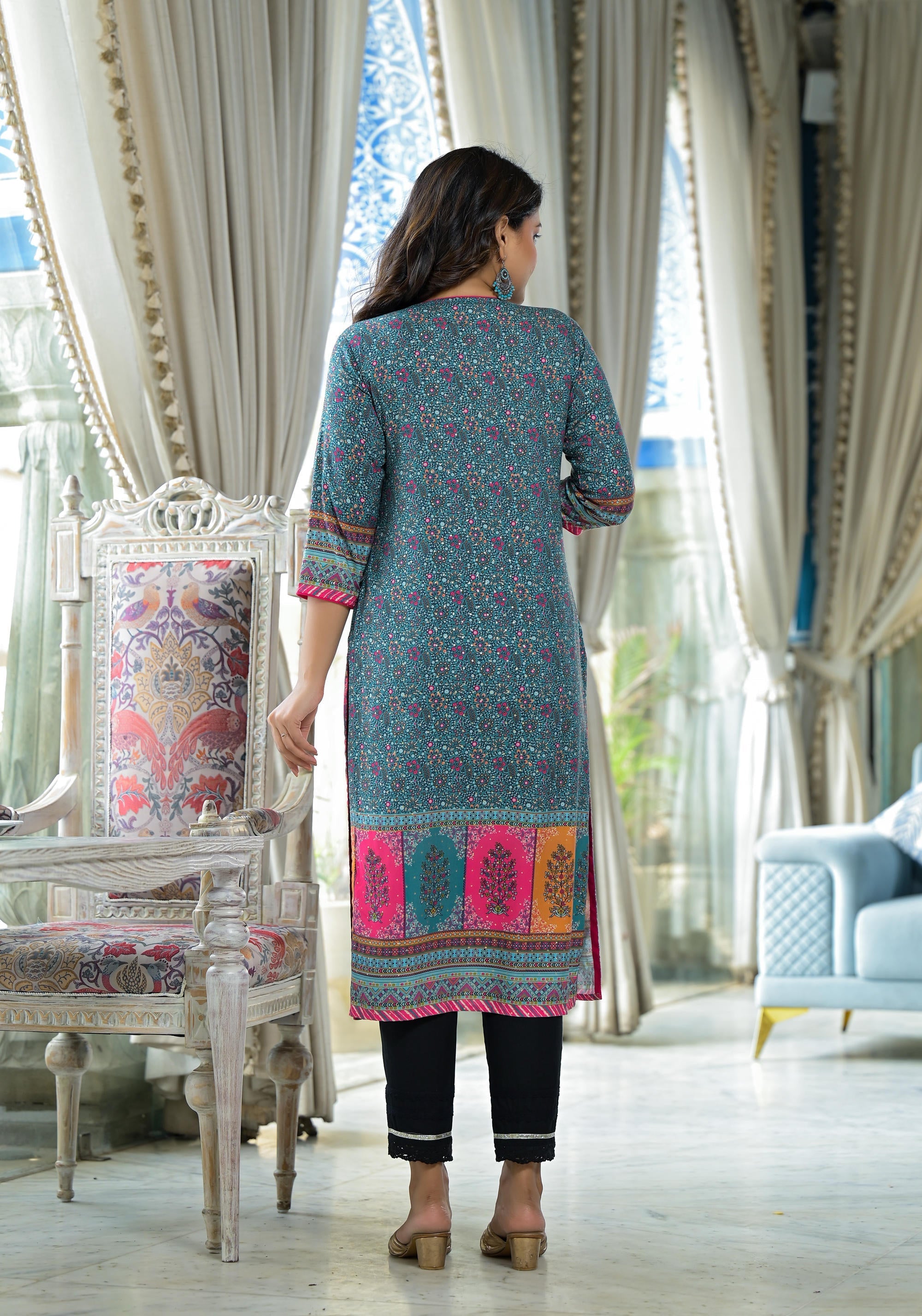 Juniper Blue Floral Printed Liva Rayon Kurta With Beads & Sequins Work | Grocsy