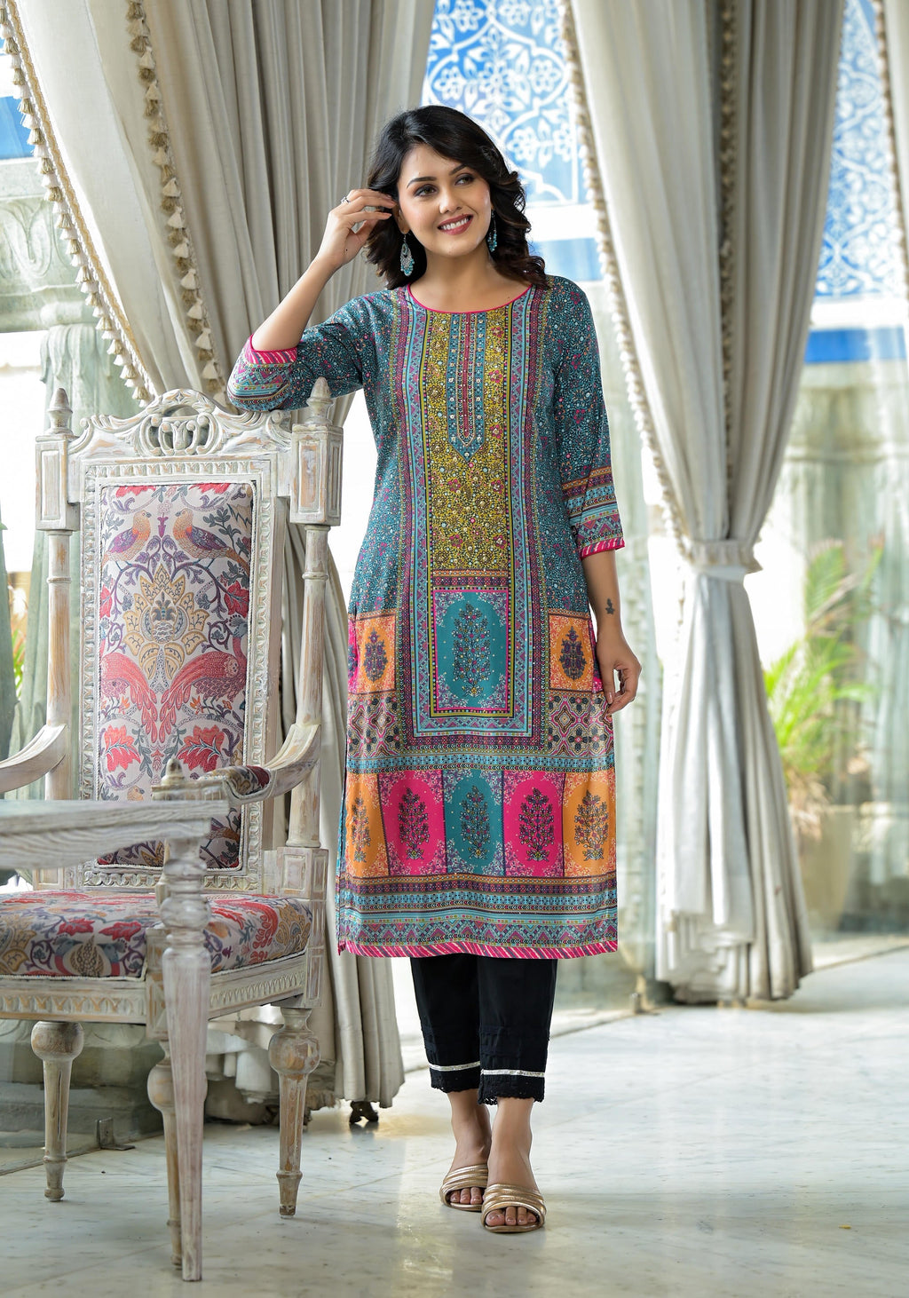 Juniper Blue Floral Printed Liva Rayon Kurta With Beads & Sequins Work | Grocsy