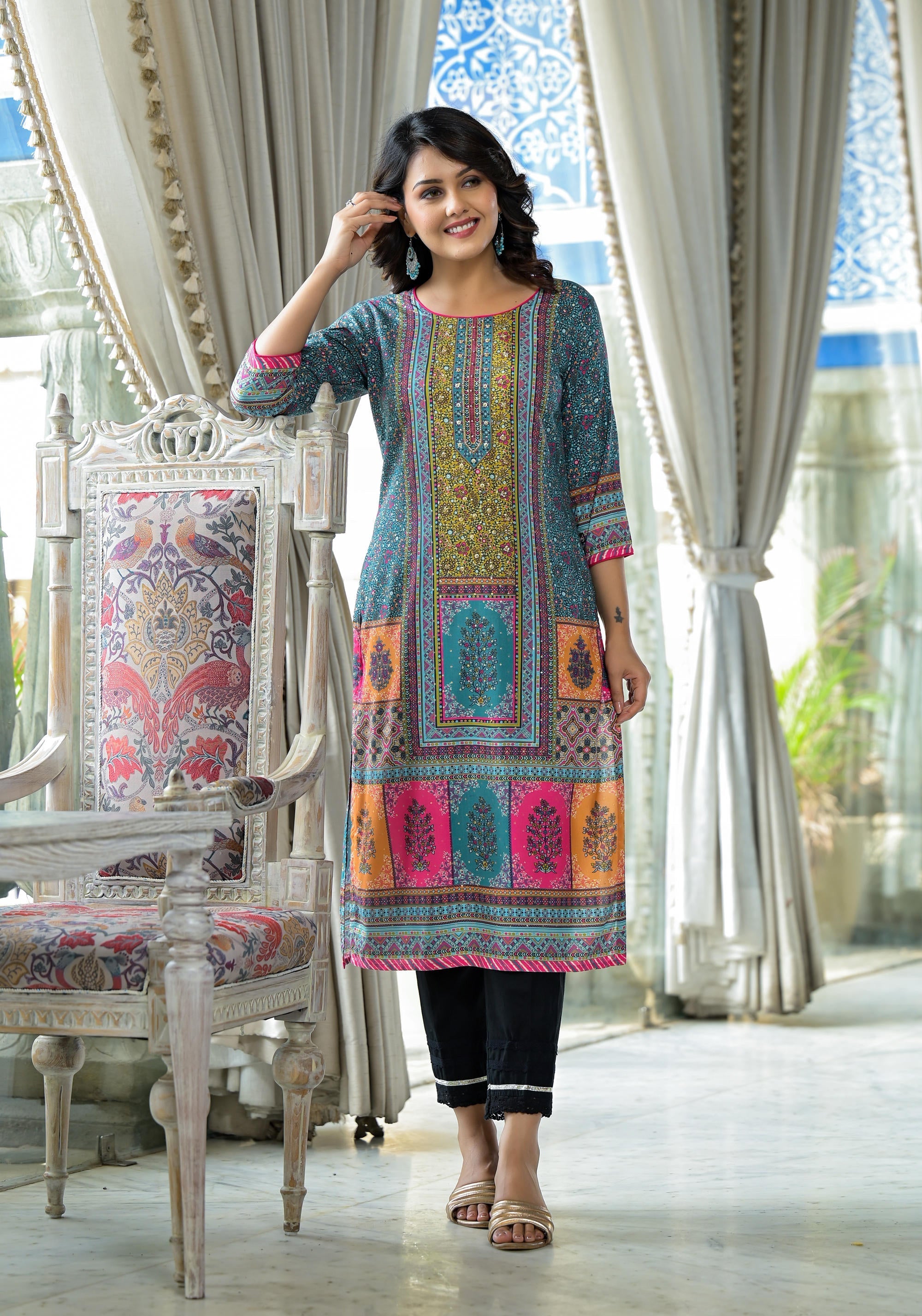 Juniper Blue Floral Printed Liva Rayon Kurta With Beads & Sequins Work | Grocsy
