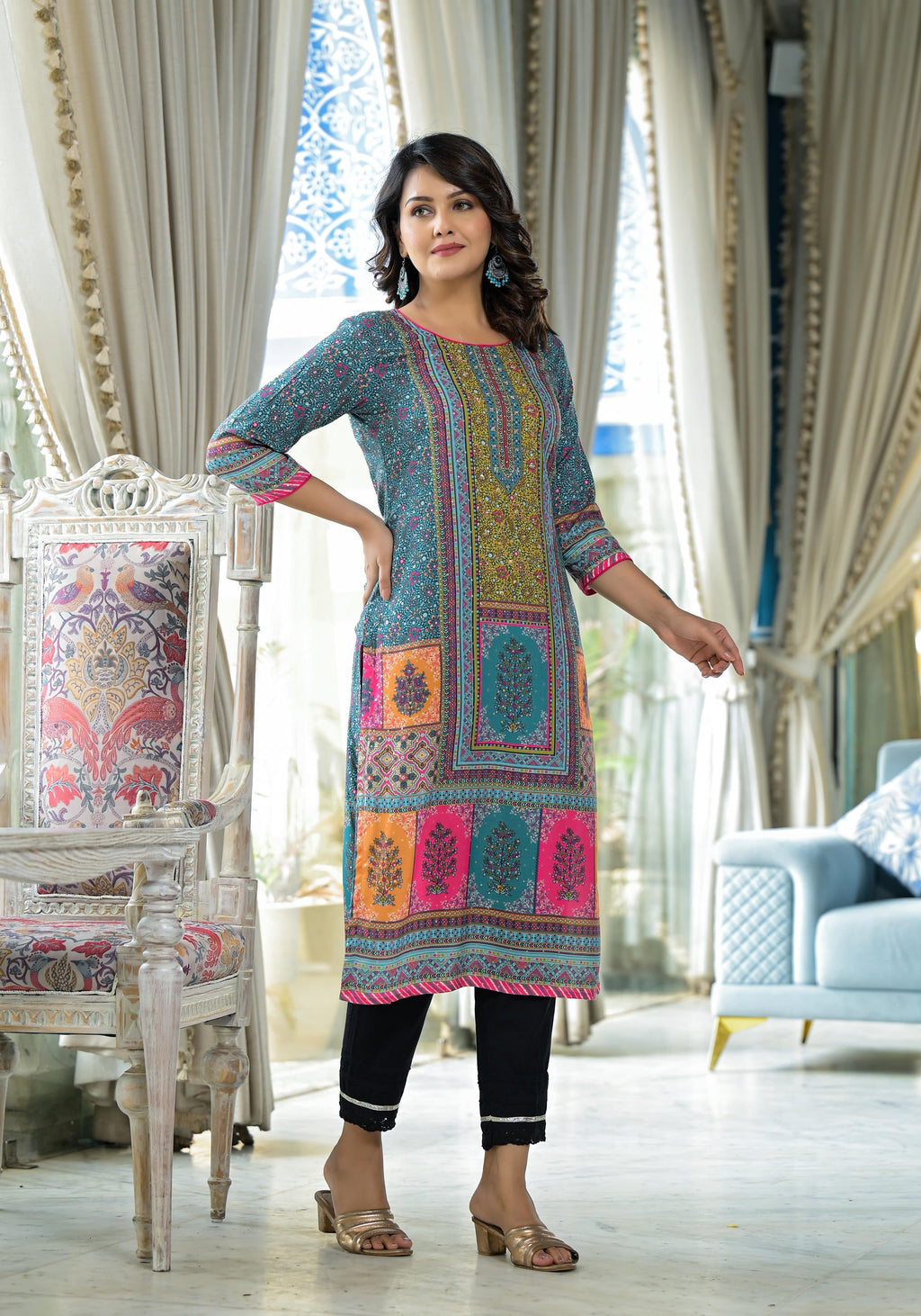Juniper Blue Floral Printed Liva Rayon Kurta With Beads & Sequins Work | Grocsy
