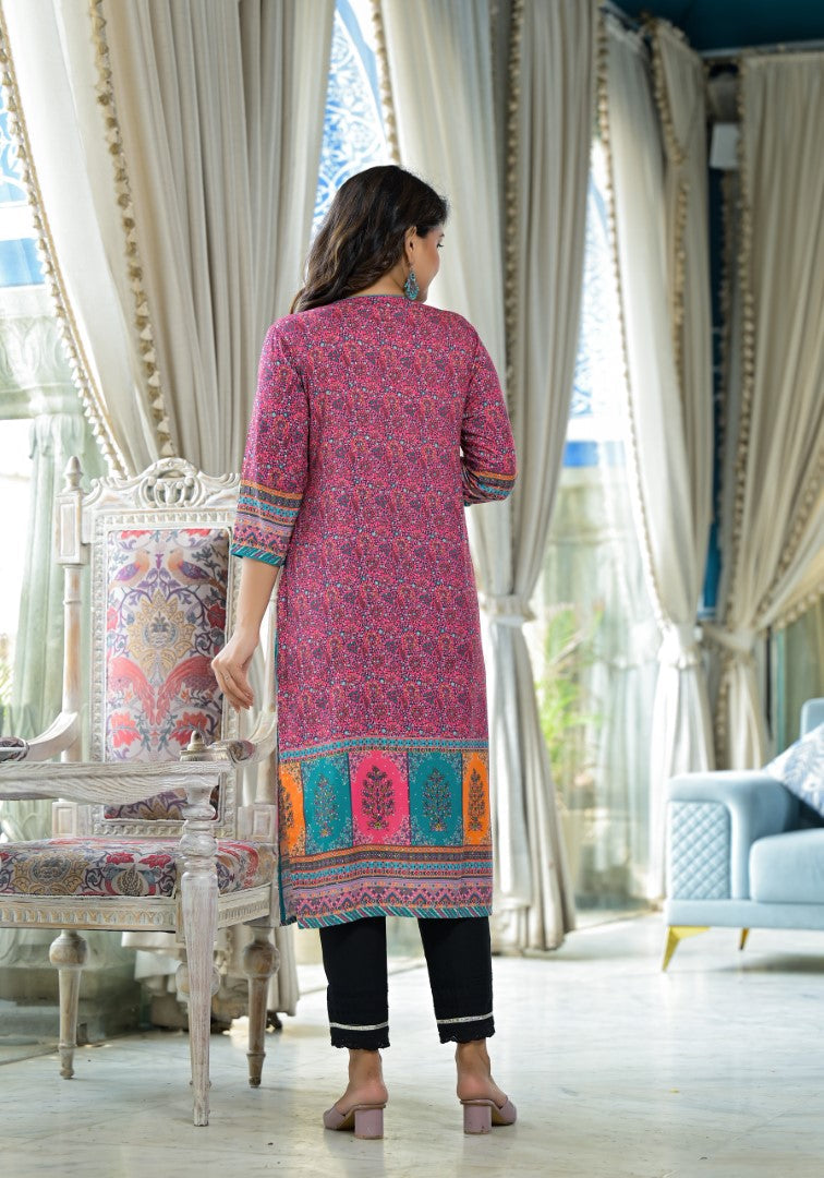 Juniper Women's Pink Floral Printed Liva Rayon Kurta With Beads & Sequins Work | Grocsy