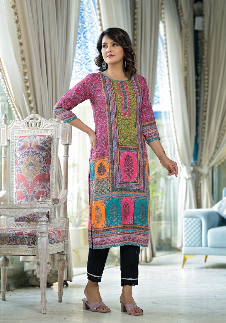 Juniper Women's Pink Floral Printed Liva Rayon Kurta With Beads & Sequins Work | Grocsy