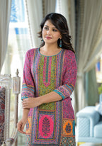 Juniper Women's Pink Floral Printed Liva Rayon Kurta With Beads & Sequins Work | Grocsy