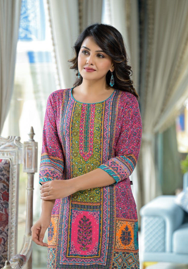 Juniper Women's Pink Floral Printed Liva Rayon Kurta With Beads & Sequins Work | Grocsy