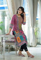 Juniper Women's Pink Floral Printed Liva Rayon Kurta With Beads & Sequins Work | Grocsy