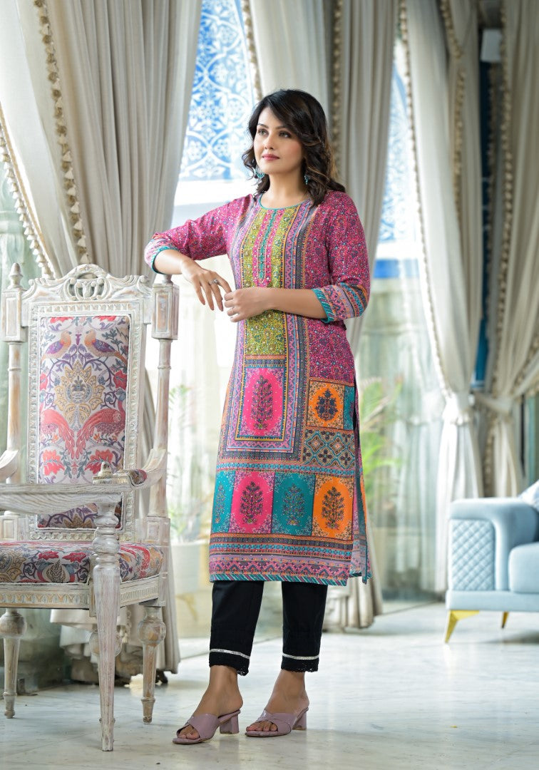 Juniper Women's Pink Floral Printed Liva Rayon Kurta With Beads & Sequins Work | Grocsy