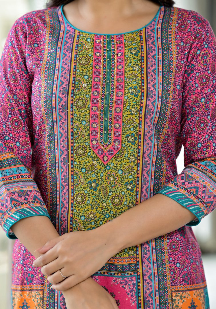 Juniper Women's Pink Floral Printed Liva Rayon Kurta With Beads & Sequins Work | Grocsy