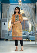 Juniper Women's Mustard Ethnic Motif Printed Liva Rayon Kurta With Sequins & Gota Patti Work | Grocsy