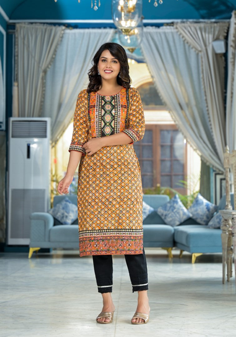 Juniper Women's Mustard Ethnic Motif Printed Liva Rayon Kurta With Sequins & Gota Patti Work | Grocsy