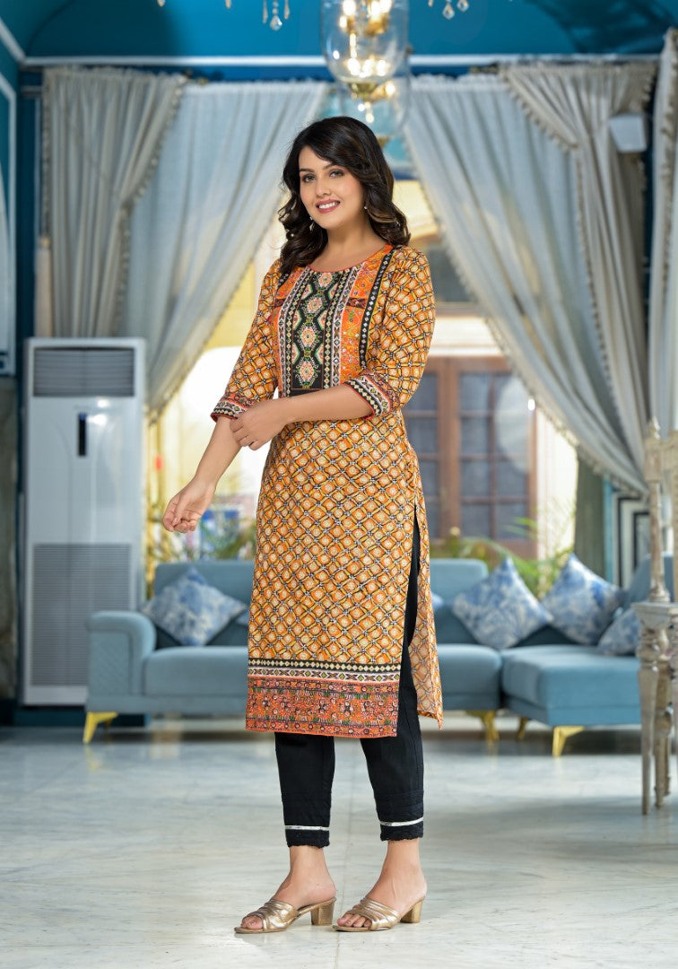 Juniper Women's Mustard Ethnic Motif Printed Liva Rayon Kurta With Sequins & Gota Patti Work | Grocsy