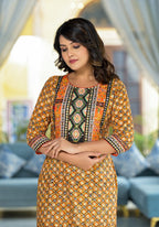 Juniper Women's Mustard Ethnic Motif Printed Liva Rayon Kurta With Sequins & Gota Patti Work | Grocsy