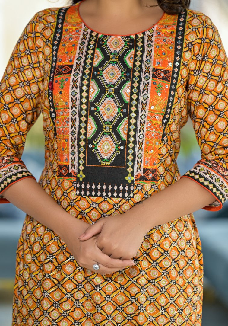 Juniper Women's Mustard Ethnic Motif Printed Liva Rayon Kurta With Sequins & Gota Patti Work | Grocsy