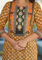 Juniper Women's Mustard Ethnic Motif Printed Liva Rayon Kurta With Sequins & Gota Patti Work | Grocsy