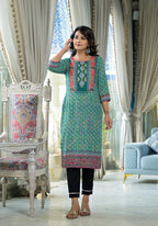 Juniper Teal Ethnic Motif Printed Liva Rayon Kurta With Sequins & Gota Patti Work | Grocsy