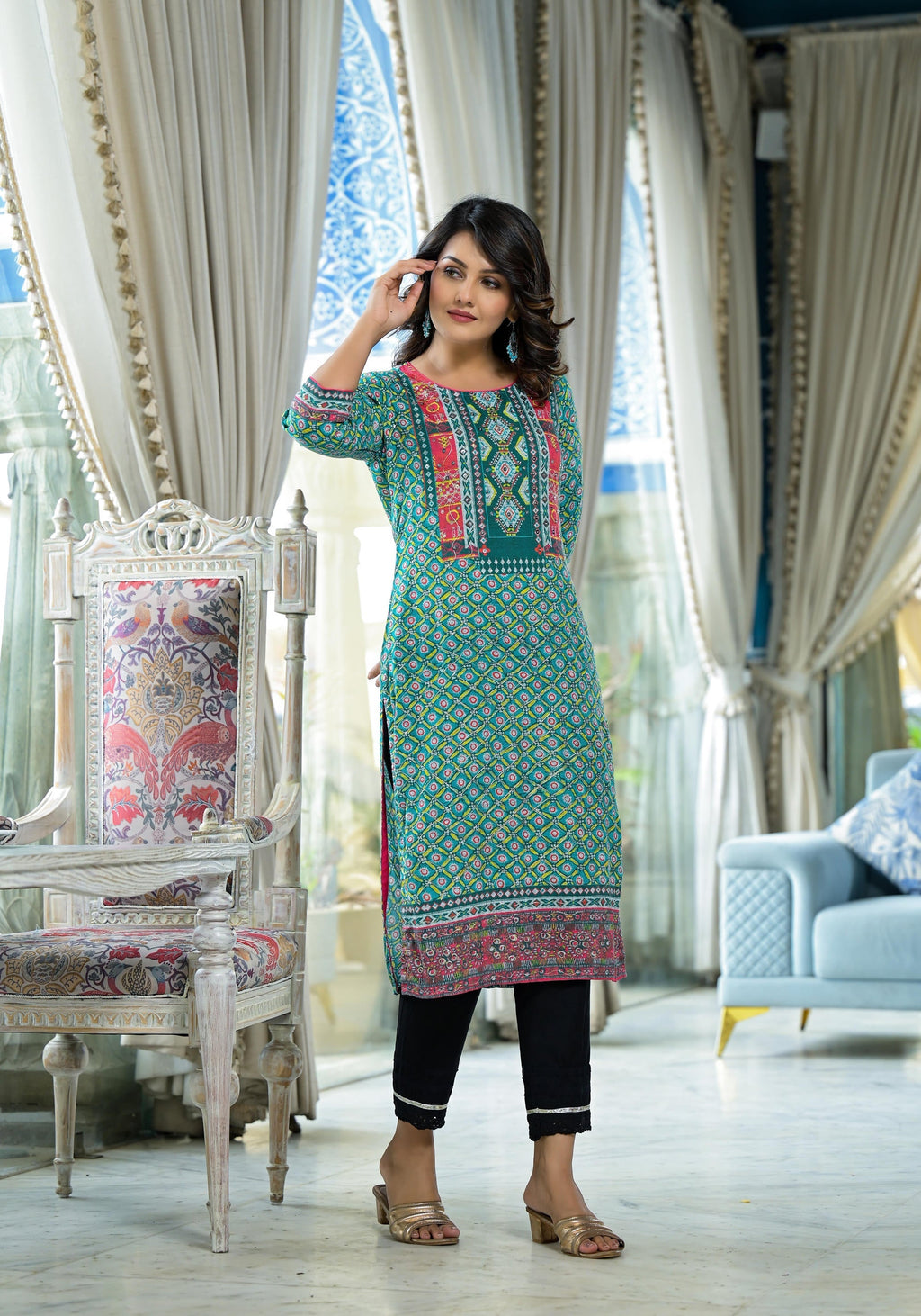 Juniper Teal Ethnic Motif Printed Liva Rayon Kurta With Sequins & Gota Patti Work | Grocsy