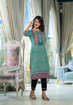 Juniper Teal Ethnic Motif Printed Liva Rayon Kurta With Sequins & Gota Patti Work | Grocsy