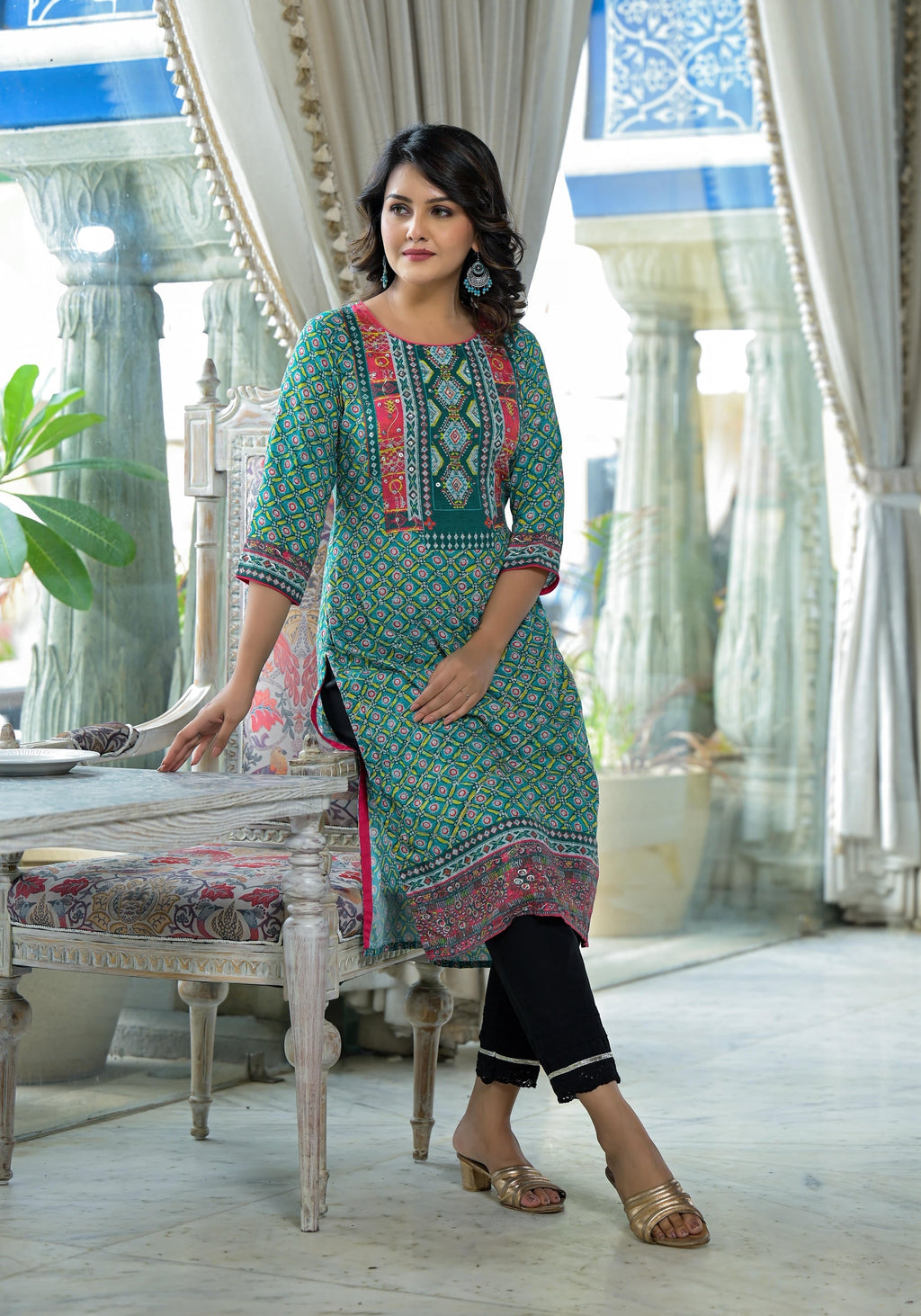 Juniper Teal Ethnic Motif Printed Liva Rayon Kurta With Sequins & Gota Patti Work | Grocsy