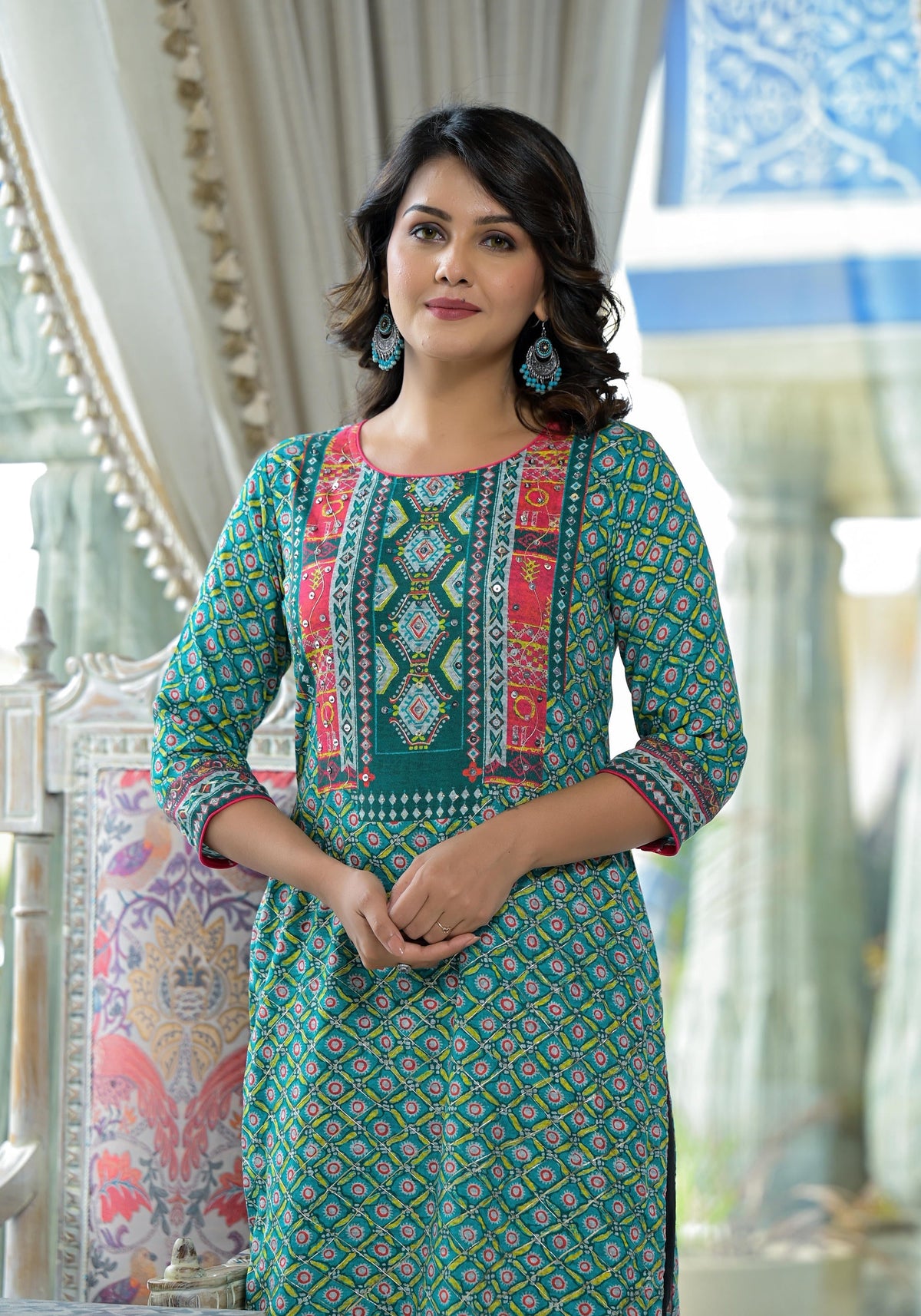 Juniper Teal Ethnic Motif Printed Liva Rayon Kurta With Sequins & Gota Patti Work | Grocsy