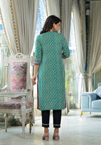 Juniper Teal Ethnic Motif Printed Liva Rayon Kurta With Sequins & Gota Patti Work | Grocsy
