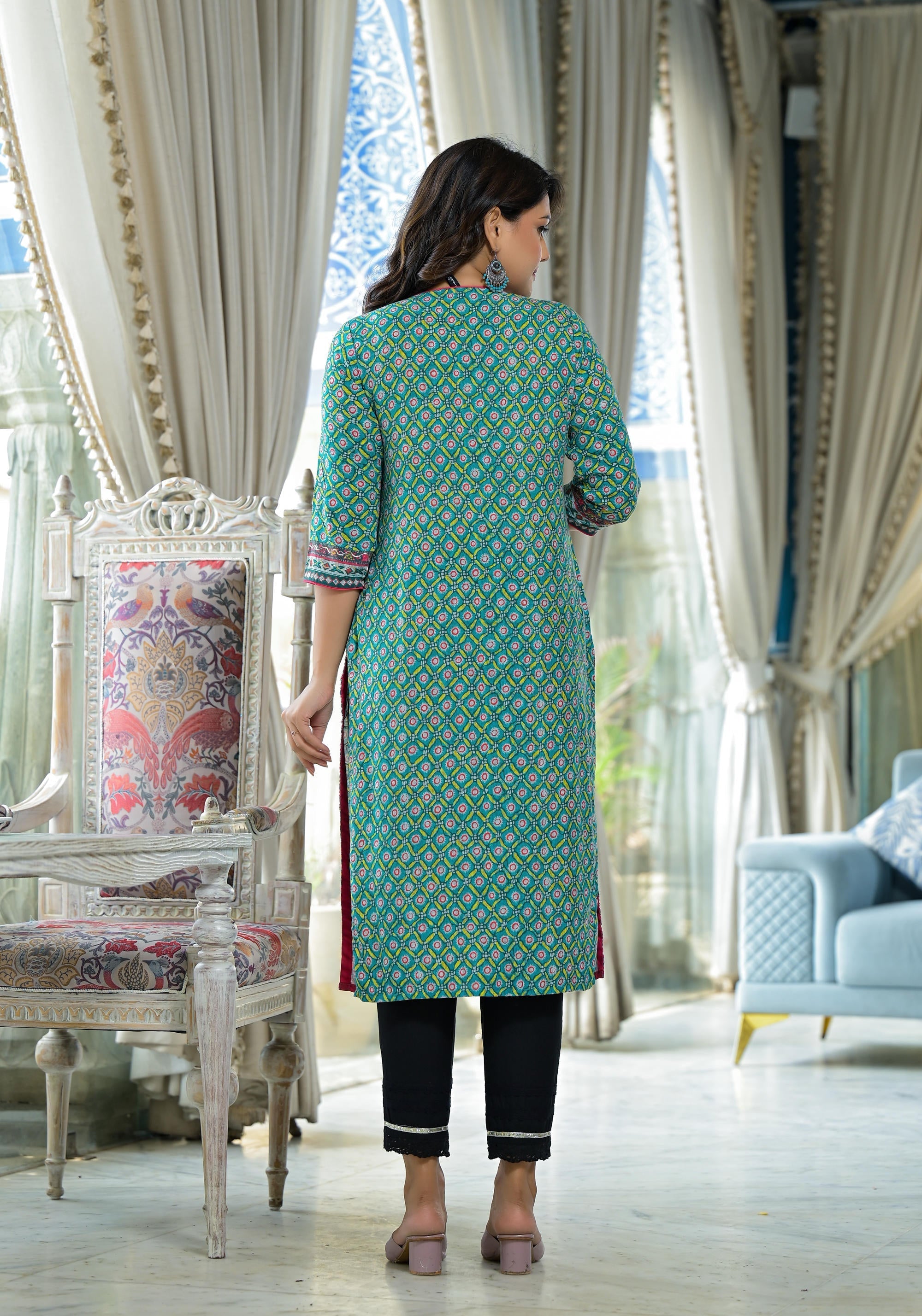 Juniper Teal Ethnic Motif Printed Liva Rayon Kurta With Sequins & Gota Patti Work | Grocsy