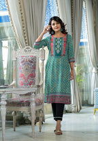 Juniper Teal Ethnic Motif Printed Liva Rayon Kurta With Sequins & Gota Patti Work | Grocsy