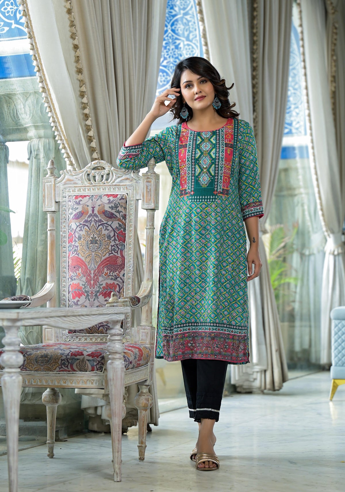 Juniper Teal Ethnic Motif Printed Liva Rayon Kurta With Sequins & Gota Patti Work | Grocsy