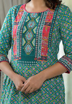 Juniper Teal Ethnic Motif Printed Liva Rayon Kurta With Sequins & Gota Patti Work | Grocsy