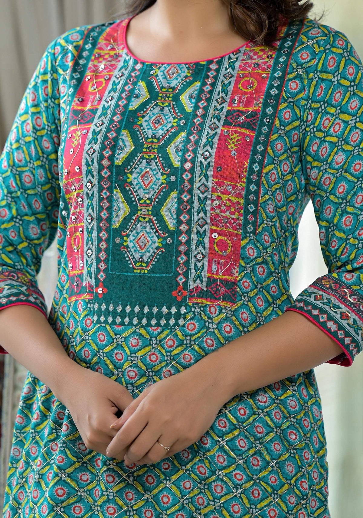 Juniper Teal Ethnic Motif Printed Liva Rayon Kurta With Sequins & Gota Patti Work | Grocsy