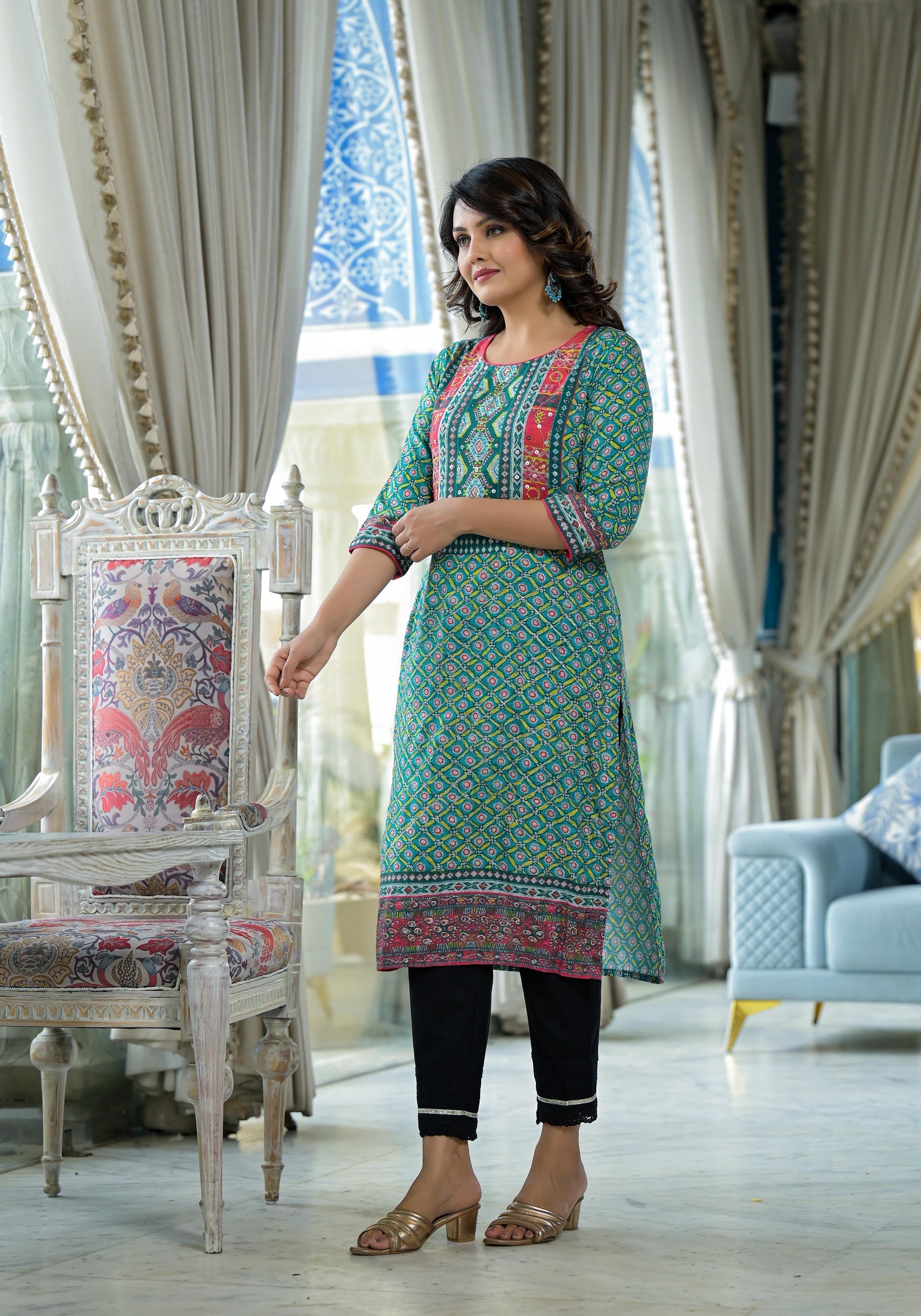 Juniper Teal Ethnic Motif Printed Liva Rayon Kurta With Sequins & Gota Patti Work | Grocsy